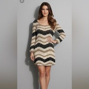 XOXO Long Sleeve Chevron Dress - Black, Cream, Tan